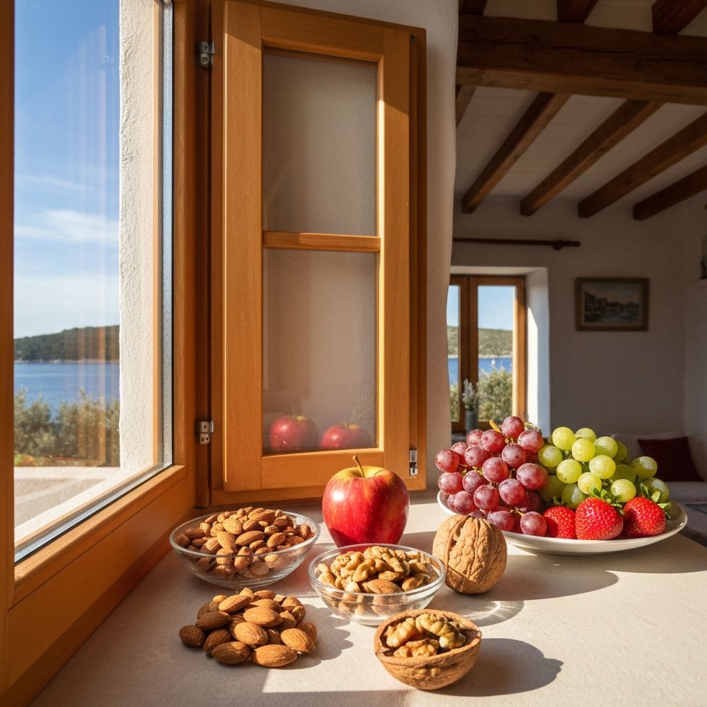 Popodnevni pad - grickalice na prozoru, orašasti plodovi, jabuka